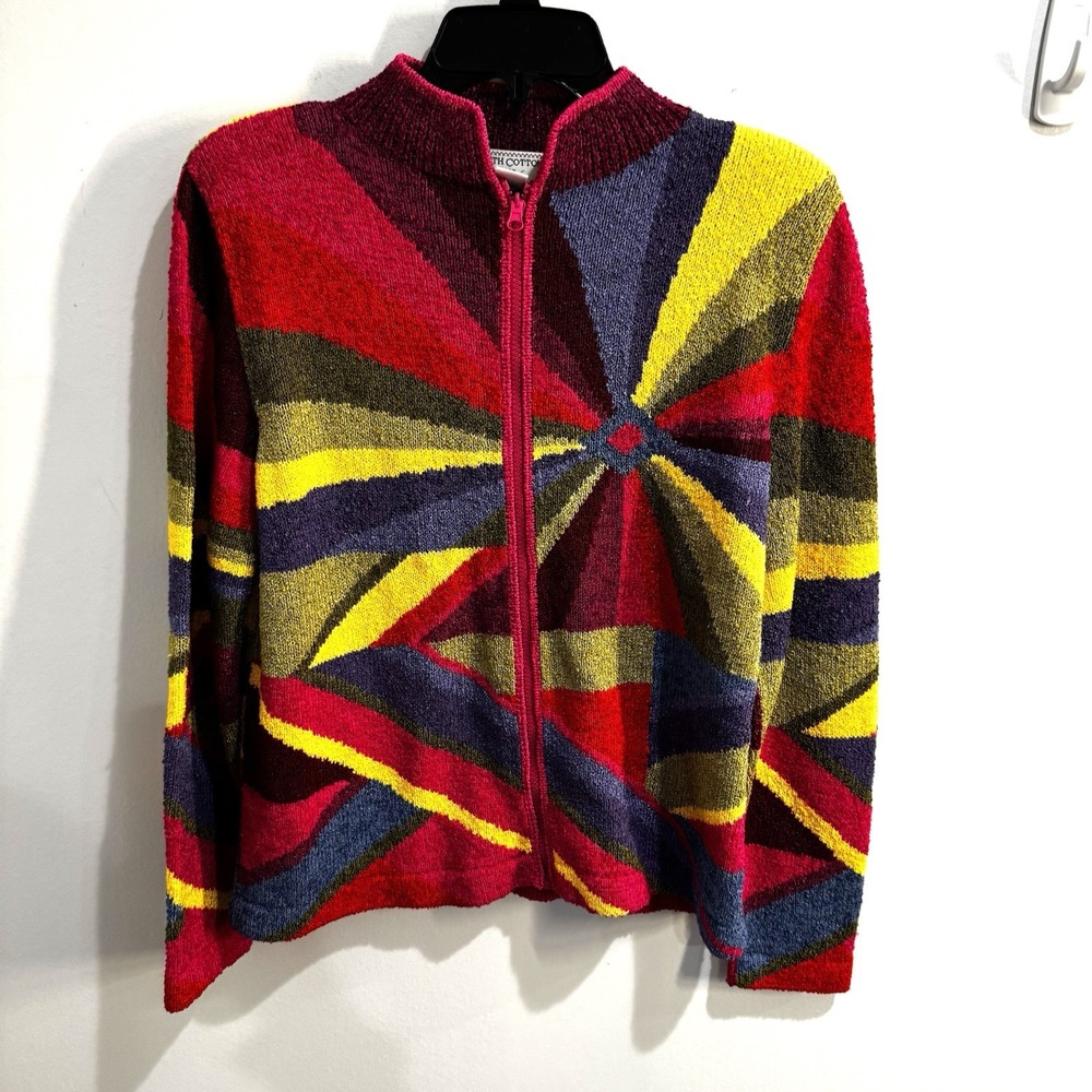 Vintage South Cotton Womens Full zip Funky Cardigan Sweater‎ Large Artsy Boho